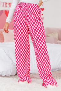 Pink Check Buttoned Shirt and High Waist Pants Waffle Knit Pajama Set