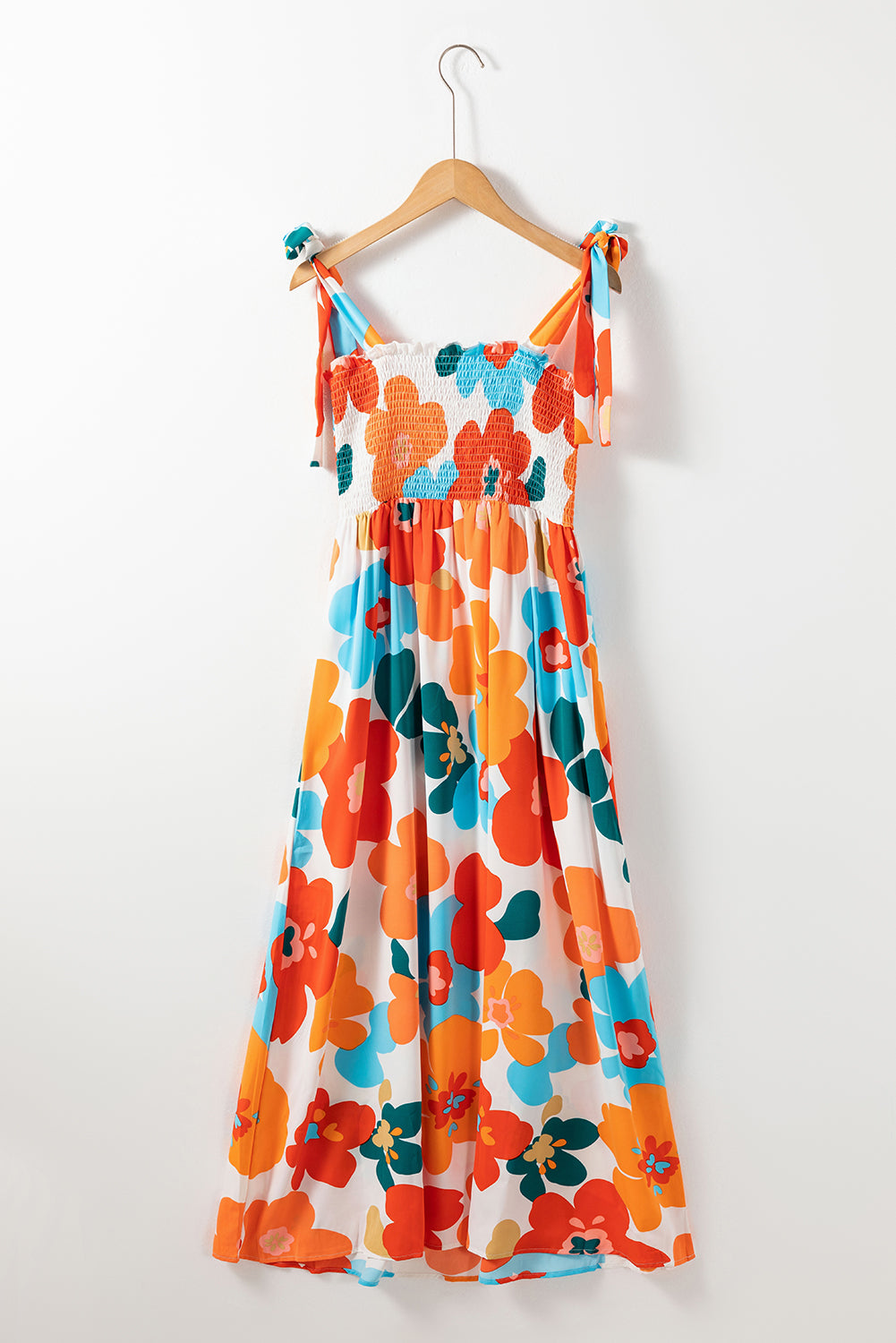 Orange and Blue Floral Shoulder Ties Smocked Bust Maxi Dress