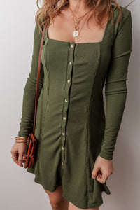 Avocado Rib Knit Square Neck Buttoned Long Sleeve Mini Dress