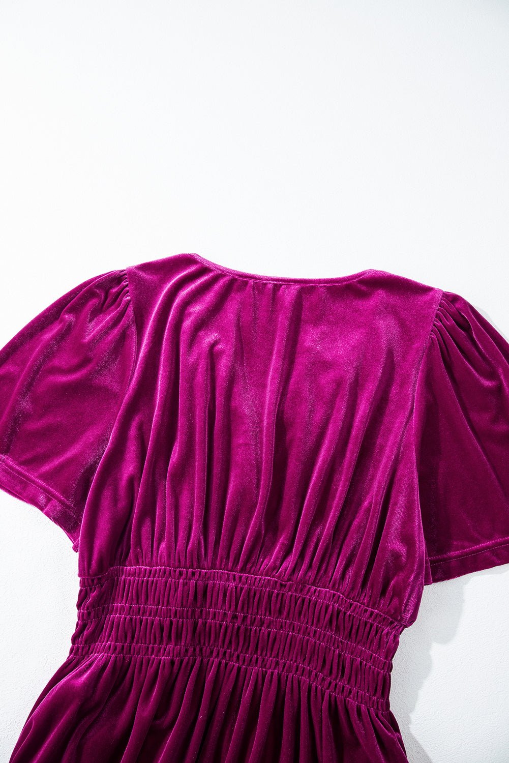 Magenta Velour Short Sleeve Shirred Waist Tiered Maxi Dress