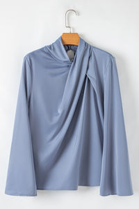 Dusty Blue Faux Wrap Mock Neck Bell Sleeve Blouse