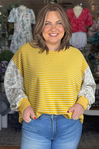 Yellow Stripe and Sage Floral Contrast Long Sleeve Plus Size Top