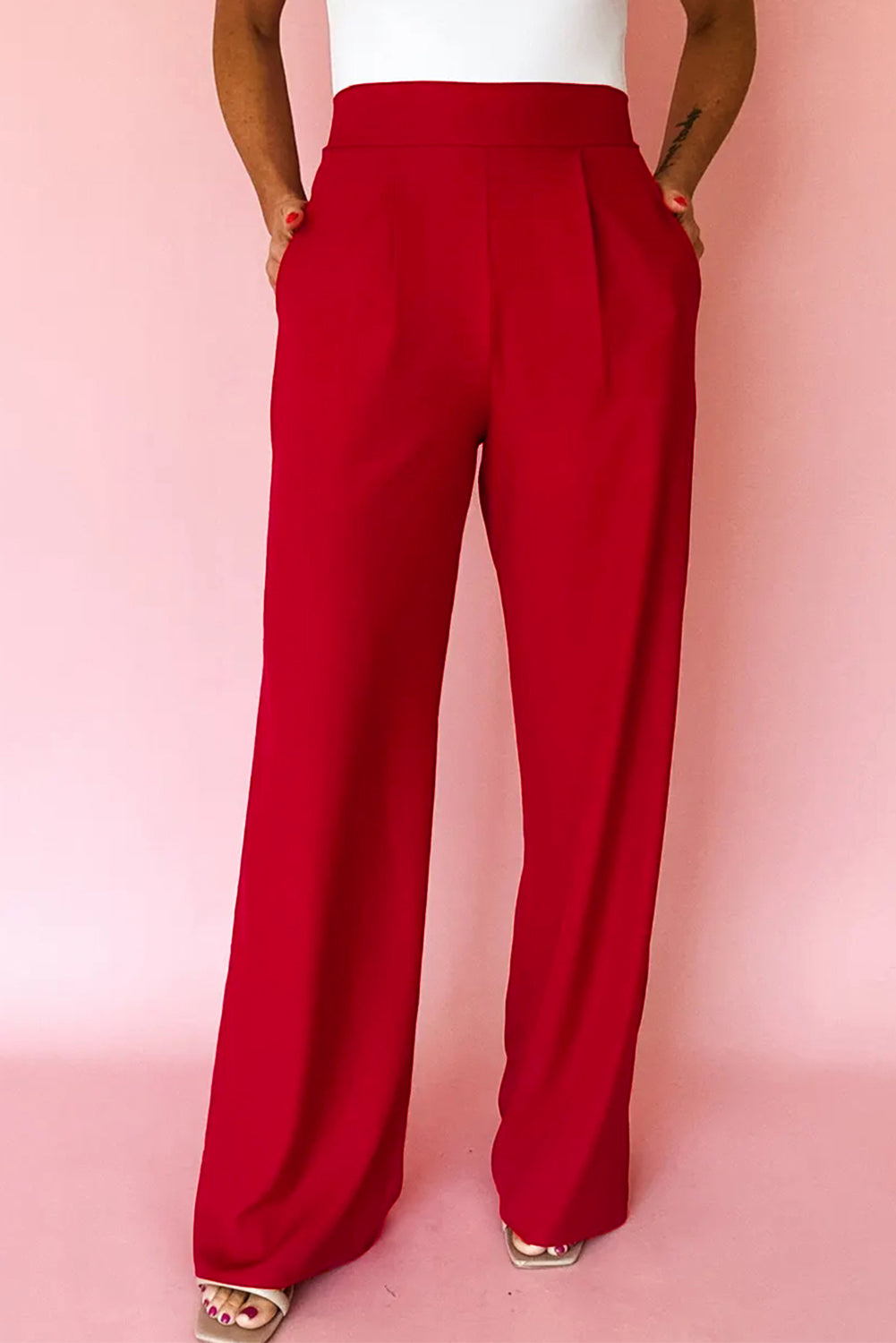 Pleated Front Pull On High Waist Wide Leg Dress Pants
