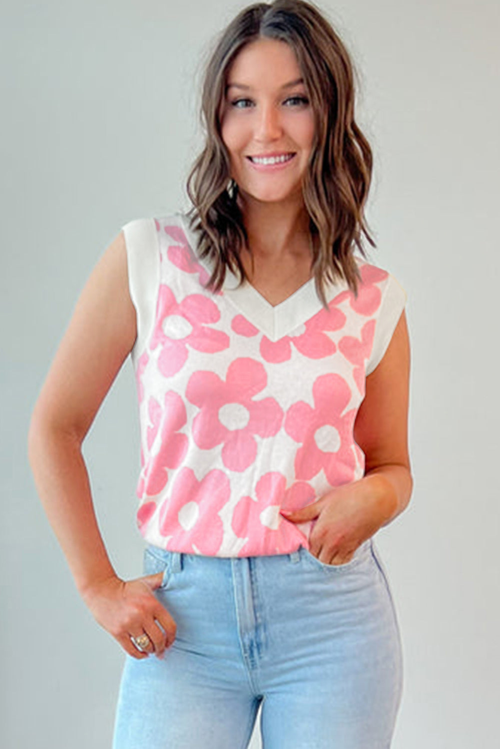 Pink Cute Flower V-Neck Knit Tank Top