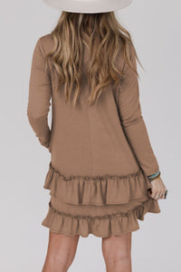 Light Brown Scoop Neck Tiered Ruffled Hem Long Sleeve Mini Dress