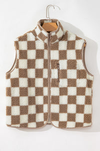 Brown & Cream Checkered Zip Up Sherpa Vest w/Zip Chest Pocket