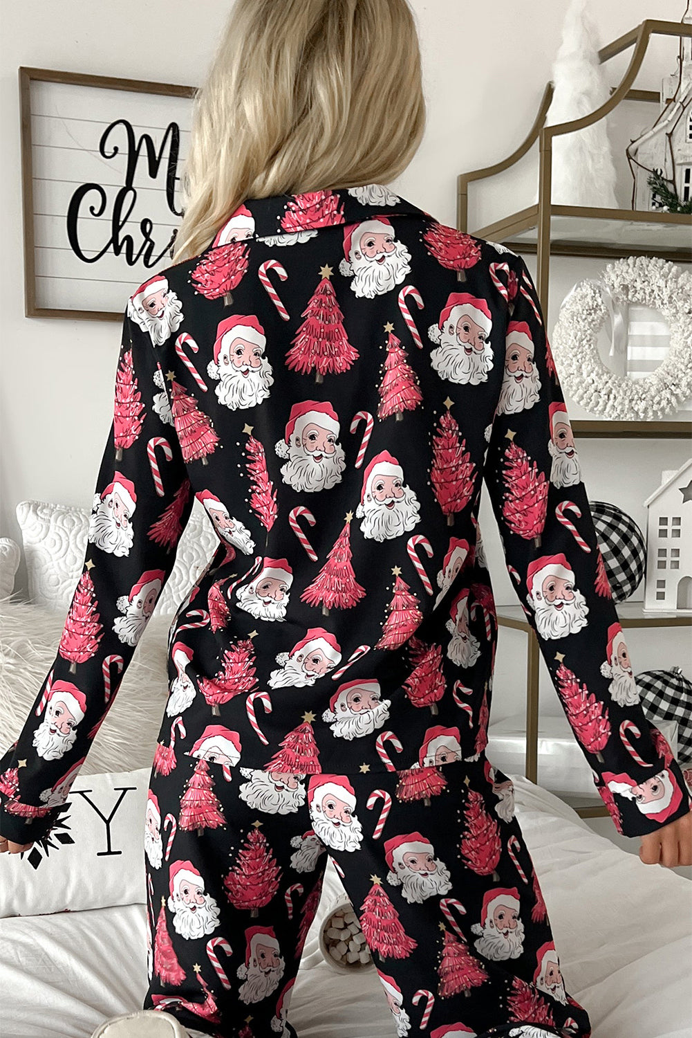 Black with Pink Christmas Trees & Santas Pajama Set