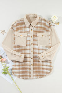 Cream Houndstooth Corduroy Patchwork Flap Pocket Shacket