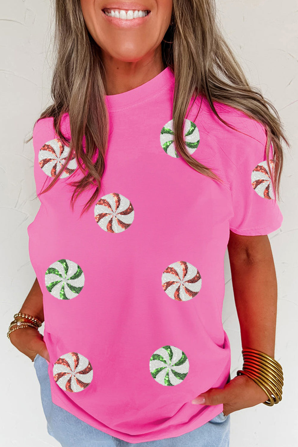 Pink Sequined Peppermint Candy Christmas Tee