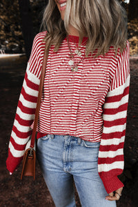 Red Stripe Long Sleeve Geometric Textured Knit Sweater