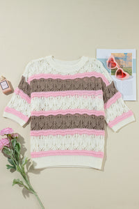 Brown and Pink  Stripe  Crochet Half Sleeve Sweater