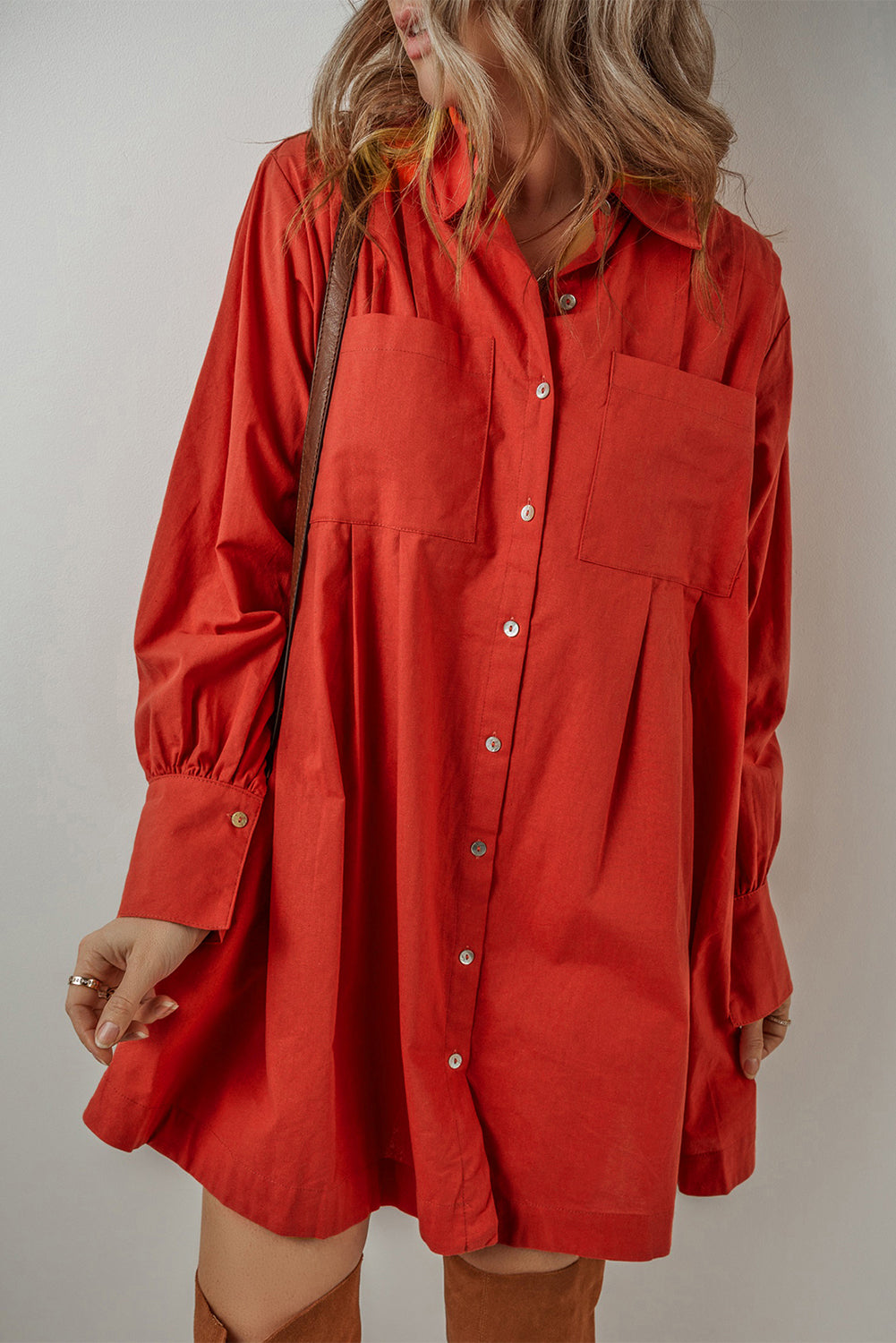 Rustic Red Bishop Sleeve Button Up Pleated Cotton Linen Mini Shirt Dress