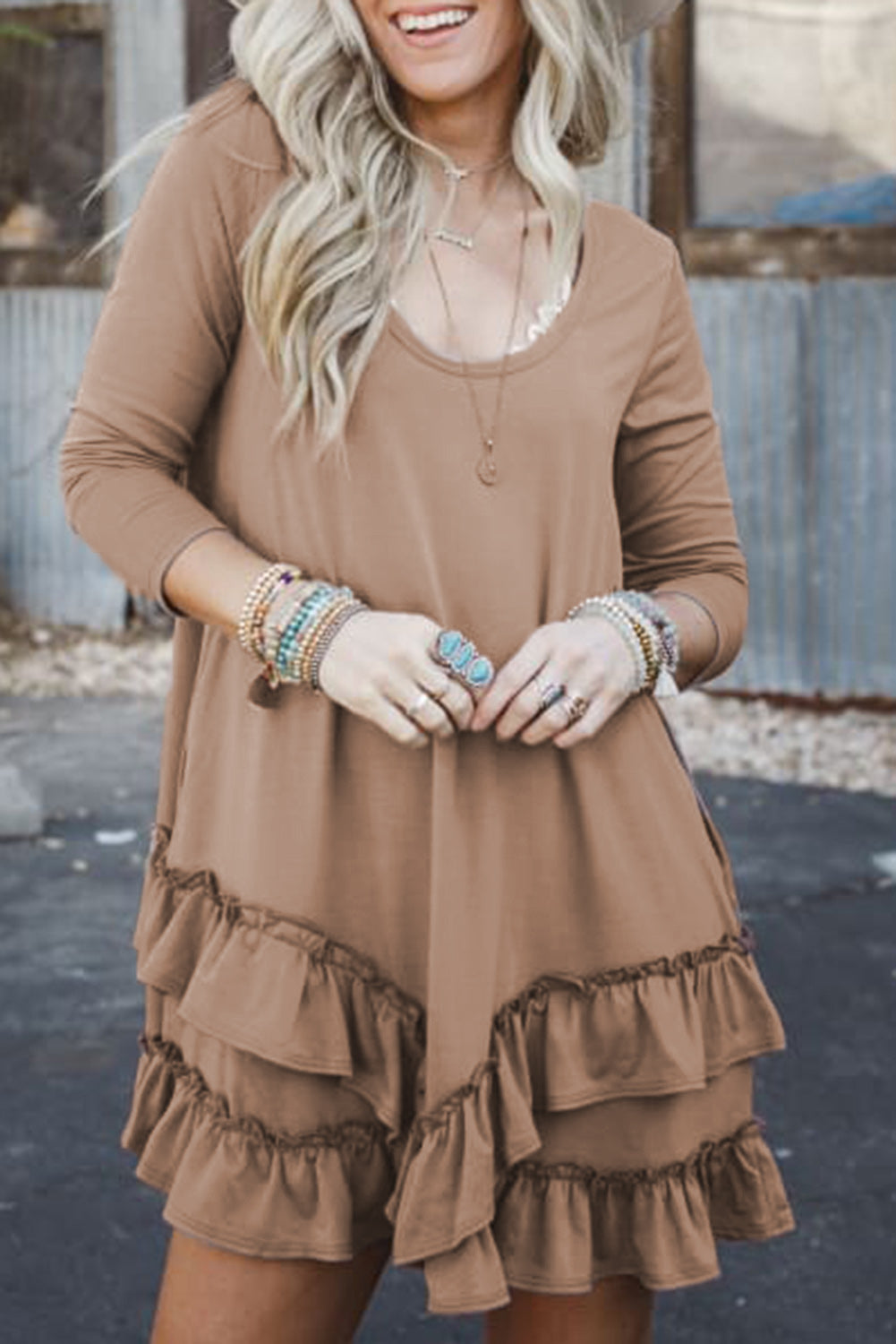 Light Brown Scoop Neck Tiered Ruffled Hem Long Sleeve Mini Dress