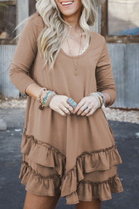 Light Brown Scoop Neck Tiered Ruffled Hem Long Sleeve Mini Dress