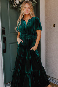 Emerald Velour Short Sleeve Shirred Waist Tiered Maxi Dress