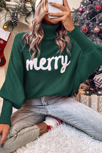 Merry Embossed Letter High Neck Sweater