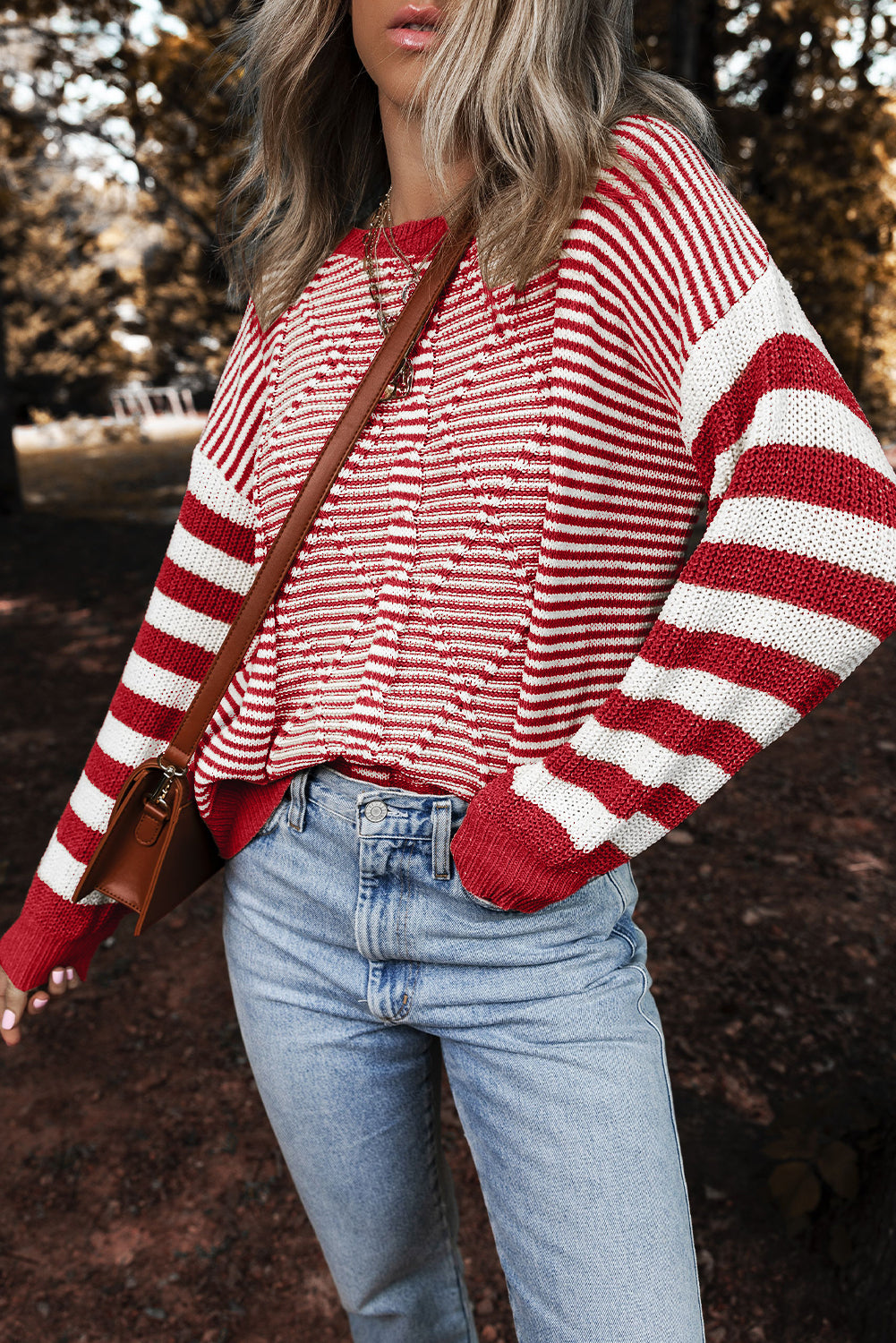 Red Stripe Long Sleeve Geometric Textured Knit Sweater