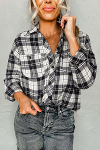 Black and White Plaid Chest Pockets Button Down Shirt