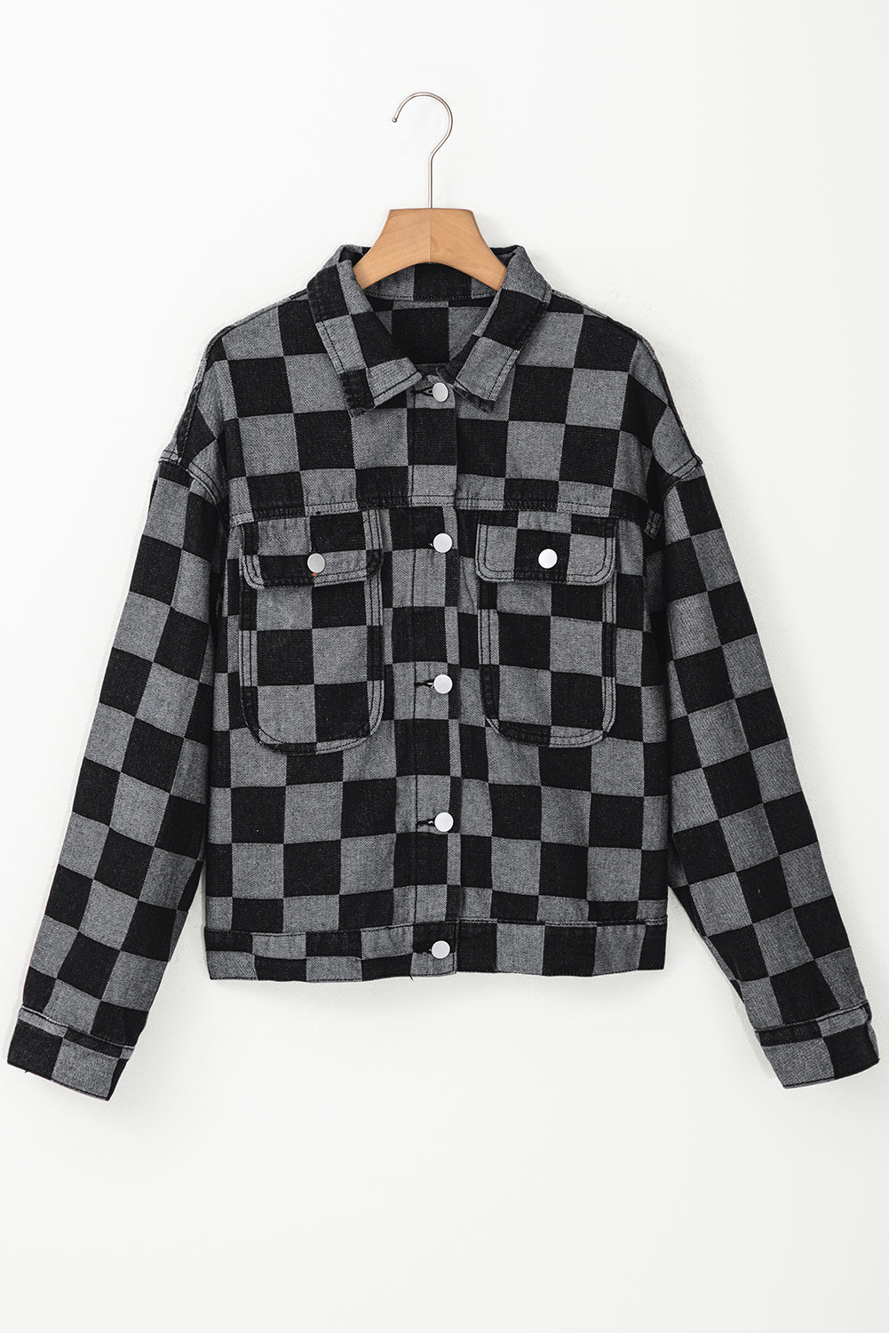 Black & Gray Checkered Button Up Denim Jacket