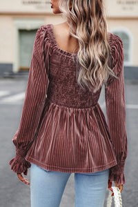 Velour Square Neck Smocked Long-sleeve Babydoll Top