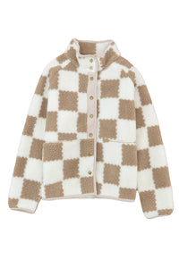 Brown & Cream Checked Snap Button Up Sherpa Jacket