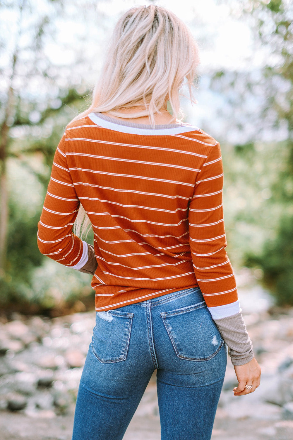 Rust Striped Color Block Long Sleeve  Rib Knit Shirt