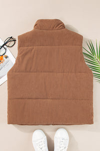 Light Brown Corduroy Stand Up Collar Zipped Puffer Vest