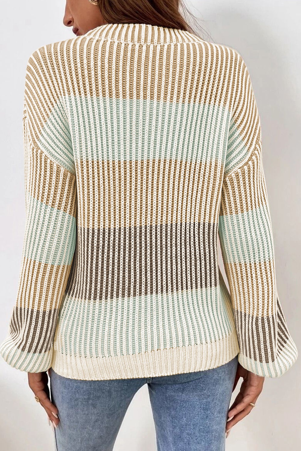 Beige & Mint Colorblock Textured Bubble Sleeve Knit Sweater