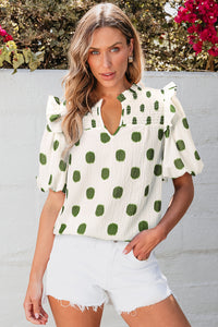 Avocado Polka Dot Print Textured Balloon Sleeve Blouse