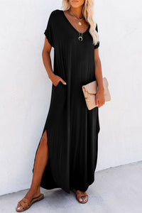 Black V-neck Side Split Maxi T-shirt Dress with Pockets