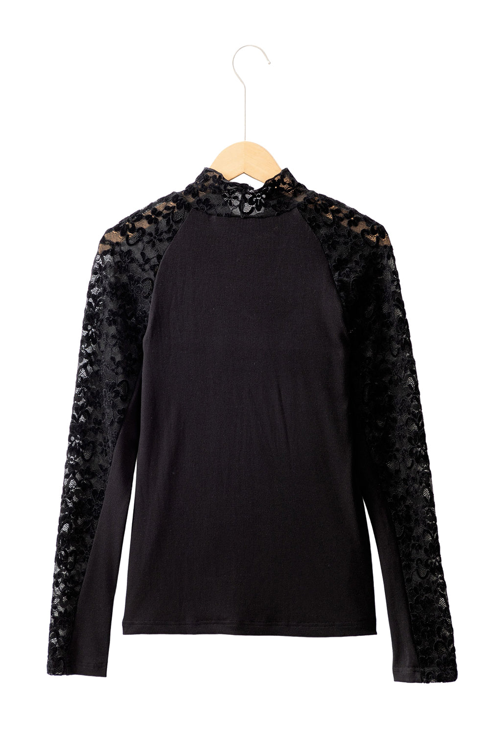 Black Floral Lace Sleeve Mock Neck Rib Knit Fitted Top