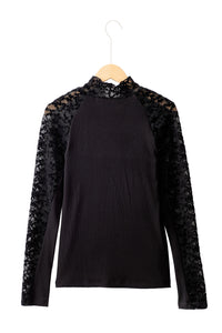 Black Floral Lace Sleeve Mock Neck Rib Knit Fitted Top