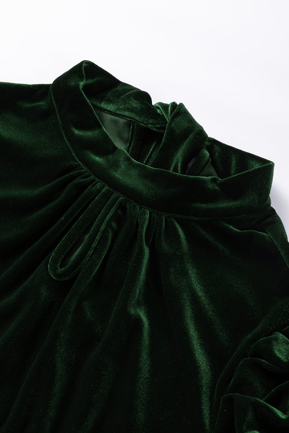 Emerald Green Tie Back Neck Ruffled Sleeve Velour Blouse