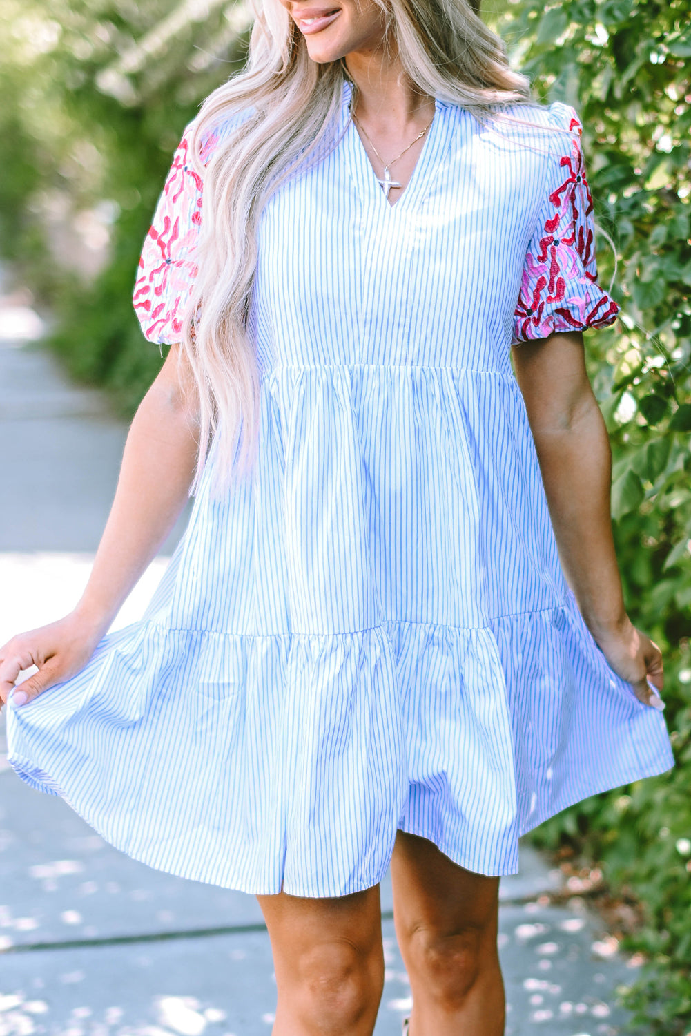 Sky Blue Stripe Embroidered Floral Puff Sleeve Tiered Ruffle Dress with Pockets