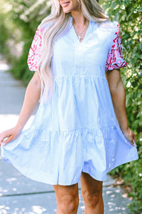 Sky Blue Stripe Embroidered Floral Puff Sleeve Tiered Ruffle Dress with Pockets