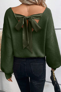 Pine Green Lantern Sleeve V-Neck Tied Open Back Knit Sweater