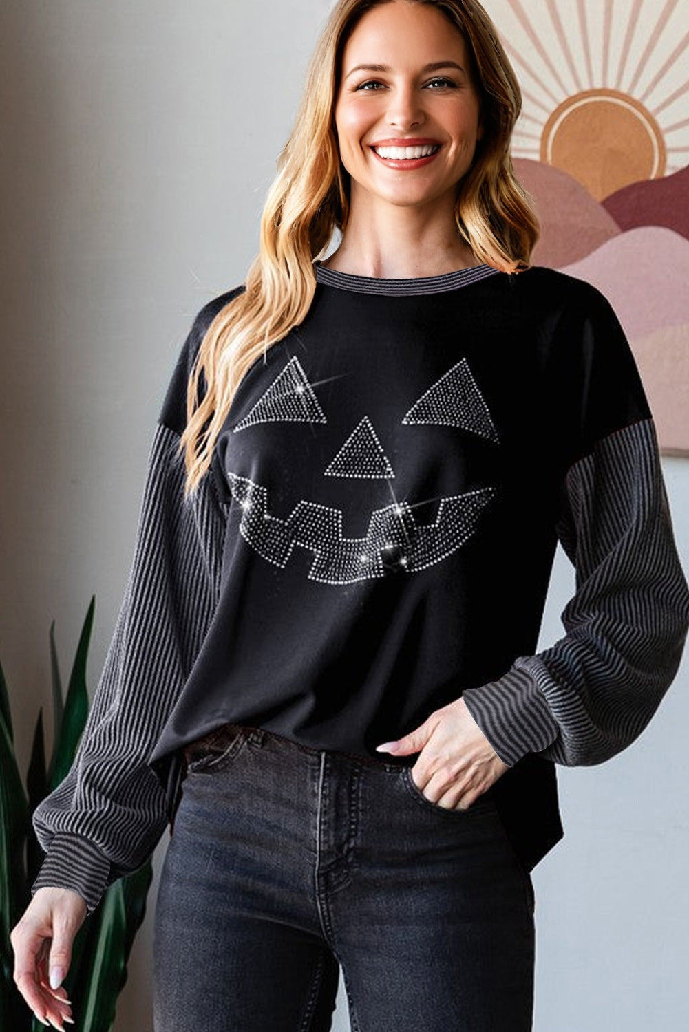 Black Embellished Jack-o-lantern Pumpkin Long Sleeve Top