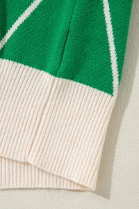 Green Diamond Pattern Pom Pom Accents Mock Neck Sweater