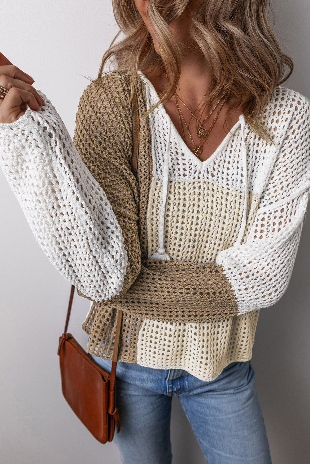 Tan and Cream Colorblock Tie V-Neck Lightweight Open Crochet Sweater