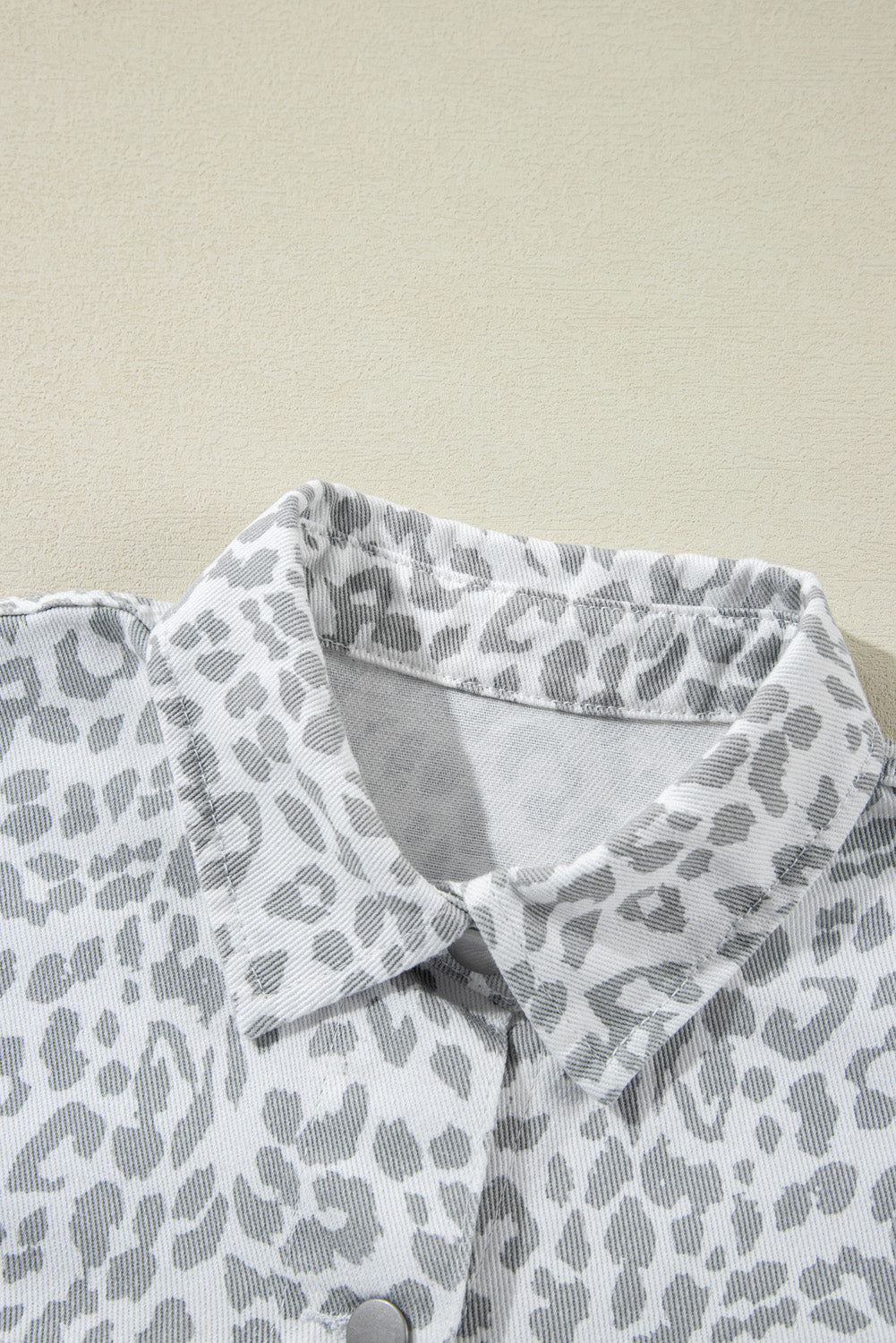 White & Gray Leopard Print Button Down Denim Jacket