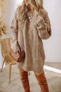 Beige Cable Knit Drop Shoulder Loose Fit Sweater Dress