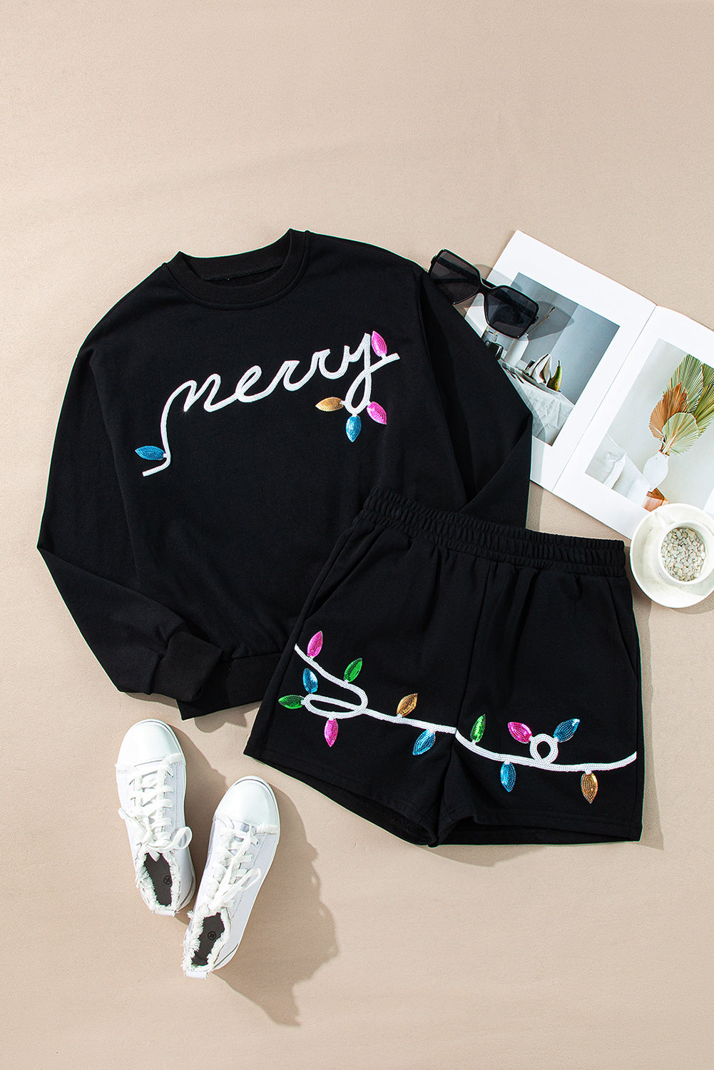 Merry Sequined Christmas Lights Black Sweatshirt and Shorts Sets