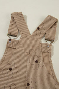 Khaki Flower Print Corduroy Overalls