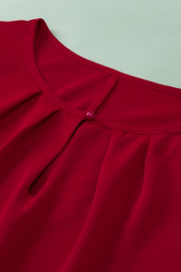 Red Keyhole Pleated Crew Neck Plus Size Short Sleeve Blouse