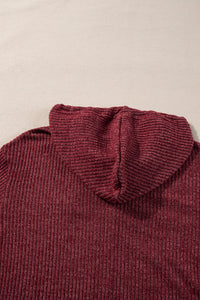 Burgundy Ribbed Zip Up Front Drawstring Hoodie