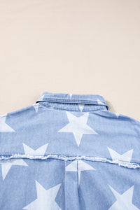 Sky Blue White Stars Frayed Hem Collared Short Sleeve Denim Shirt Dress