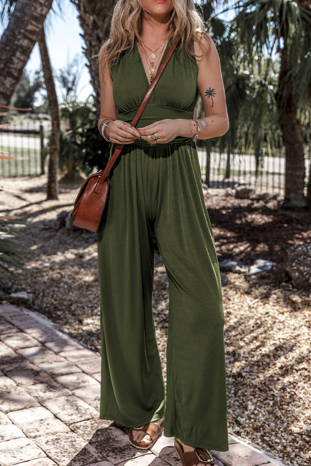 Moss Green Lightweight Sleeveless V-Neck Ruched Wide Leg Stretch Knit Jumpsuit