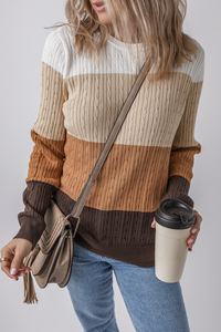 Khaki and Brown Colorblock Cable Knit Crew Neck Sweater