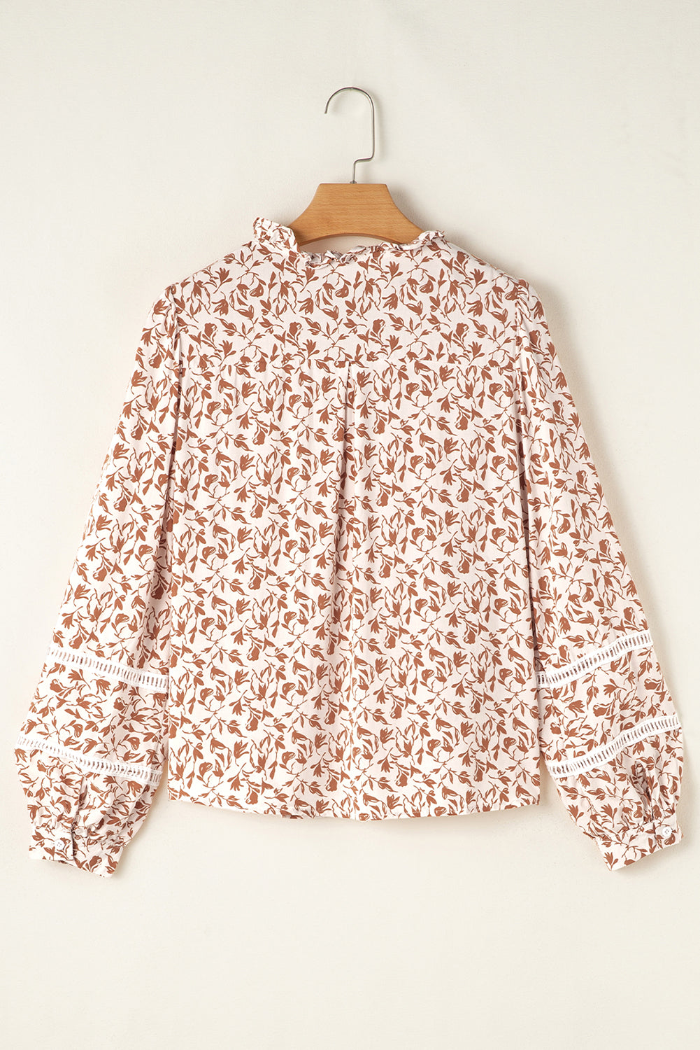 Brown Fall Floral Lace Detail Puff Sleeve Blouse