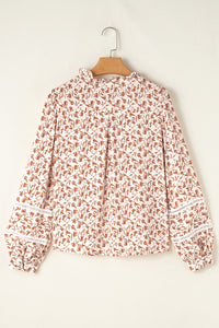 Brown Fall Floral Lace Detail Puff Sleeve Blouse